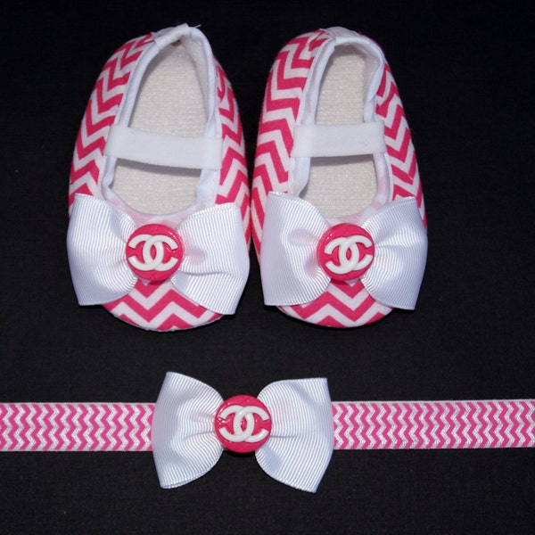 Baby Shoe Set, Chevron Print Baby Shoes, Baby  Bow Headband Set, Newborn Shoes, Baby Shower Gift,Crib Shoes, Soft Sole Baby Shoes
