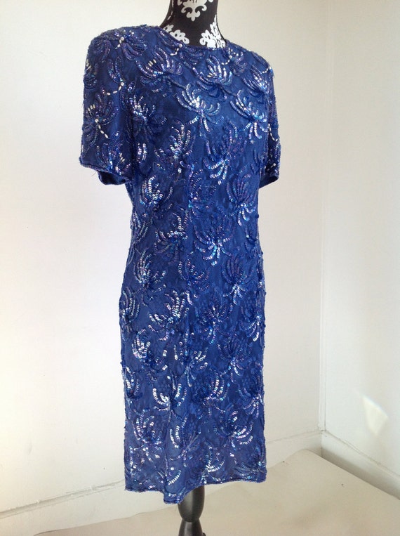 1920s design Art Deco Blue Sequin Cocktail Dress - image 2