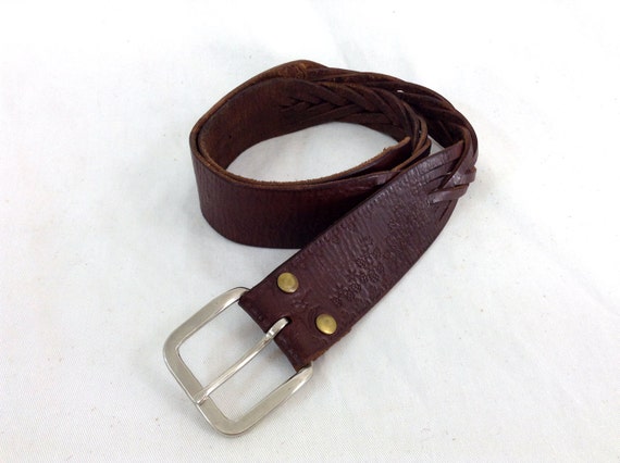 Dark Brown Braided Leather Belt with Hand tooled flower designs