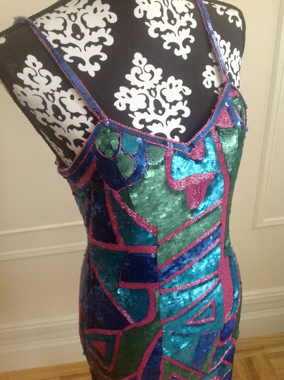 1980s Foley & Corina Sequin Cocktail Dress - image 2