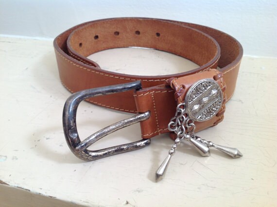 Brown Leather Belt With Silver Buckle and Embellishments  display picture 1