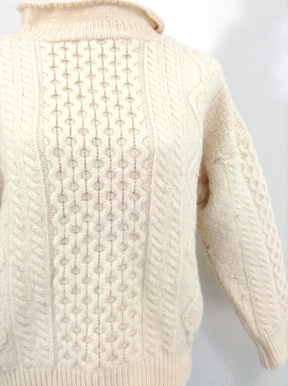 Vintage Beige Hand-knit 100% Aran Wool (Fisherman… - image 3