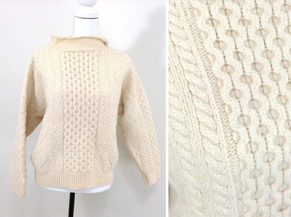 Vintage Beige Hand-knit 100% Aran Wool (Fisherman… - image 1