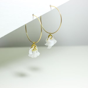 14k Gold-Filled White Hoop Earrings Handmade with 100% Recycled Materials. Floral Pendant. Sustainable, Light and Versatile.