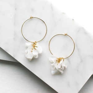 Sustainable 14k Gold-Filled White Hoop Earrings Handmade with 100% Recycled Materials. Floral Pendant. Up-cycled, Light and Versatile.