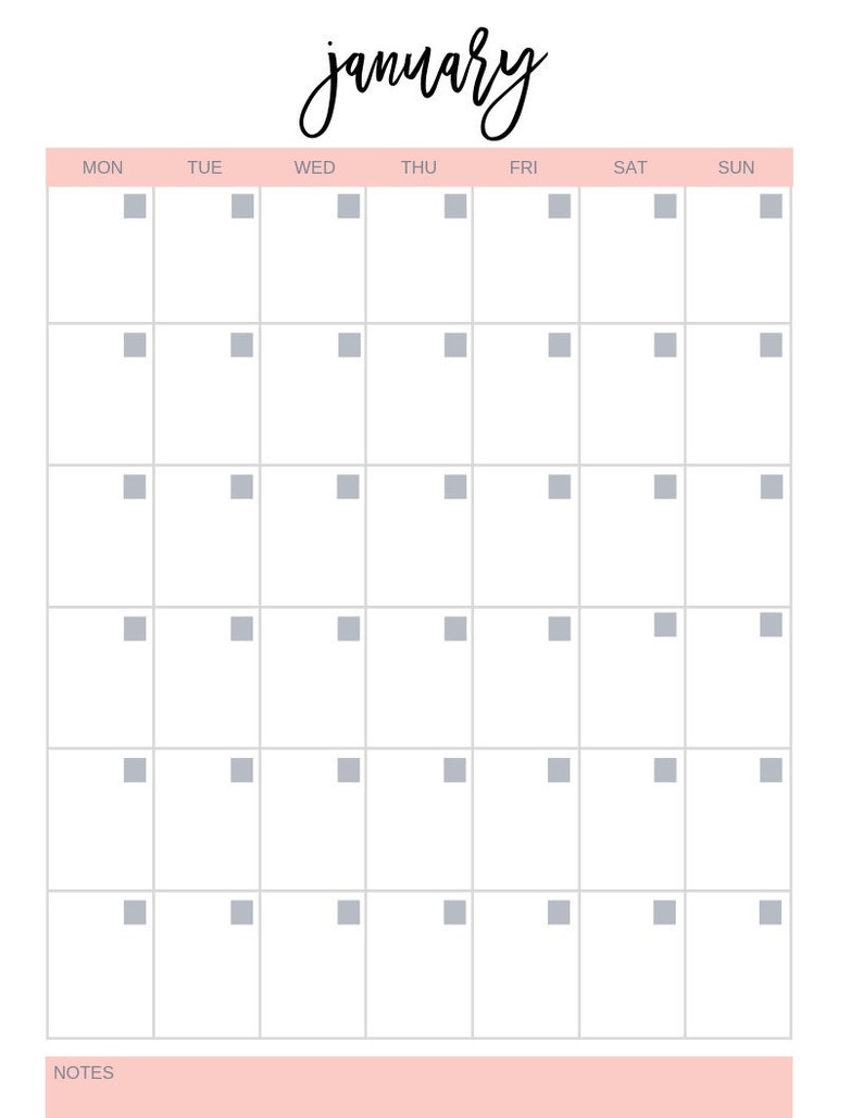 Blank Printable Calendar Fill In The Dates Notes Section Etsy