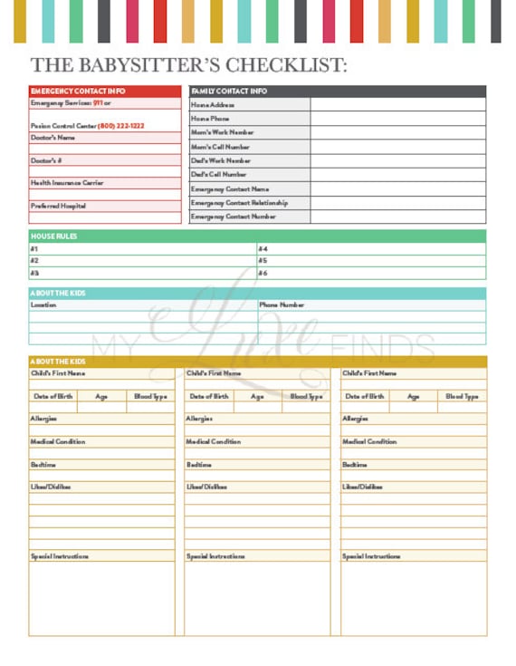 Babysitter s Information Emergency Guide And Checklist Etsy