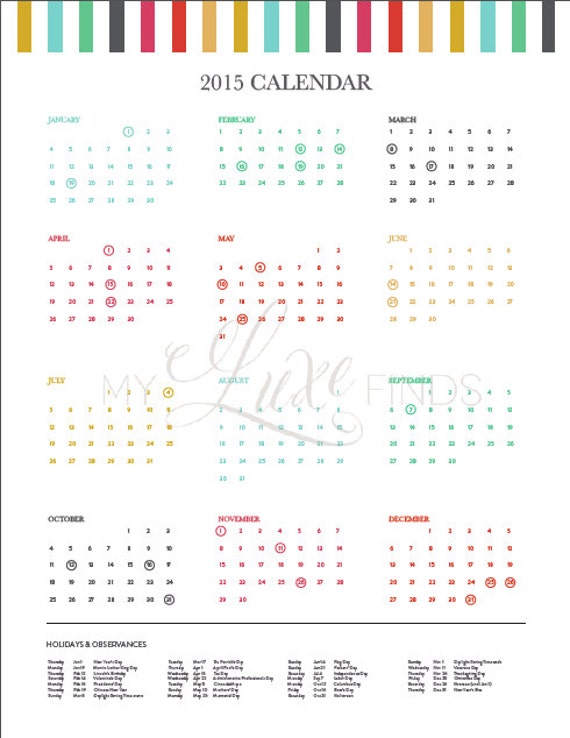 Items similar to Pretty 2015 Calendar - Month and Year Printables - PDF ...