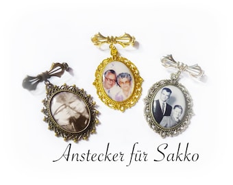 Anstecker für Sakko, Bräutigamanhänger, doppelt, mit Foto und Text, Memorial, 33 Texte und 20 Anhänger zur Auswahl, Gedenken, Andenken