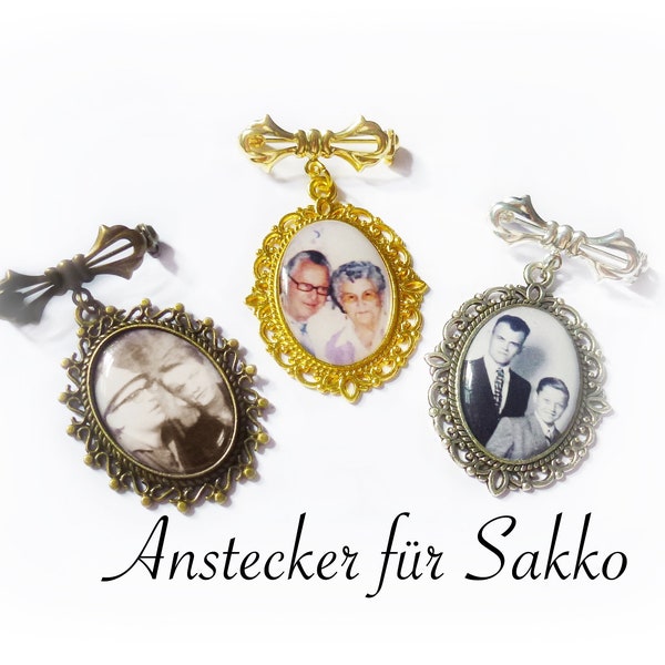 Anstecker für Sakko, Bräutigamanhänger, doppelt, mit Foto und Text, Memorial, 33 Texte und 20 Anhänger zur Auswahl, Gedenken, Andenken