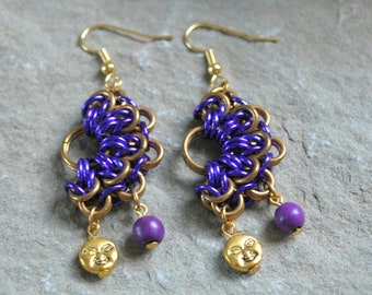 Golden Sun Earrings, Gold Earrings, Sun Earrings, Chainmail Jewelry, Purple Earrings, Celestial Jewelry, Boho Fan Jewelry, Czech Glass