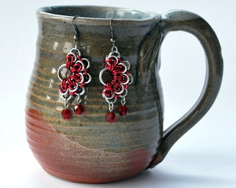 Red Boho Fan Earrings, Silver Earrings, Fan Earrings, Chainmail Jewelry, Red Earrings, Boho Chic Jewelry, Half Moon Jewelry, Czech Glass