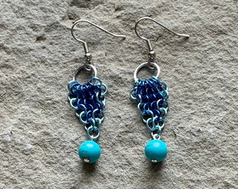 Turquoise Chainmail Chandelier Earrings - Summery Tropical Blue Earrings