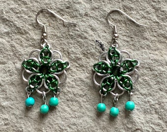 Green Celtic Star Chainmail Earrings - Green Beaded Chandelier Earrings
