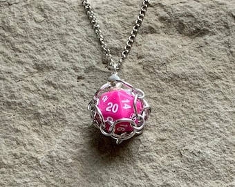 Pink Caged d20 Dice Pendants - Gaming d20 Keychain