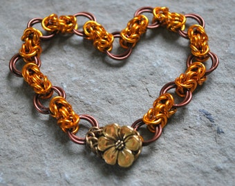 Autumn Lovers Bracelet, Gold Flower Button, Harvest Jewelry, Mabon Bracelet, Button Charm Bracelet, Fall Jewelry, Orange Bracelet