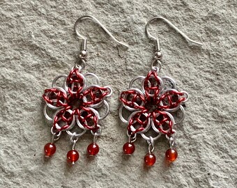 Red Celtic Star Chainmail Earrings - Red Agate Beaded Chandelier Earrings