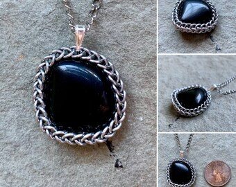 Onyx Healing Crystal Necklace -  Wrapped Stone Chainmail Pendant