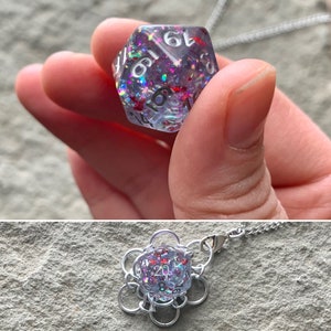 White and Clear Caged d20 Dice Pendants Gamer Chainmail Pendant Purple Red Glitter