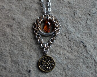 Steampunk Gear Necklace, Brown Necklace, Amber Necklace, Steampunk Jewelry, Gear Necklace, Teardrop Pendant, Victorian Jewelry