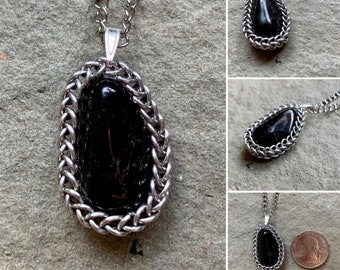 Smoky Quartz Healing Crystal Pendant - Wrapped Crystal Chainmail Pendant