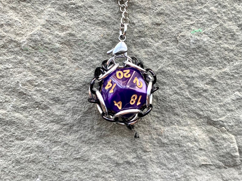 Purple Caged d20 Dice Pendants Gamer Chainmail Pendant image 2