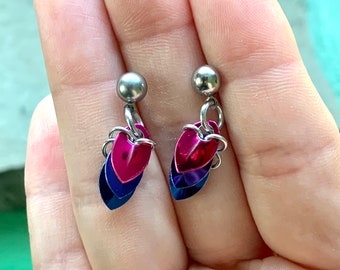 Bi Pride Earrings - Pink, Purple, and Blue Scale Mail Dangle Earrings
