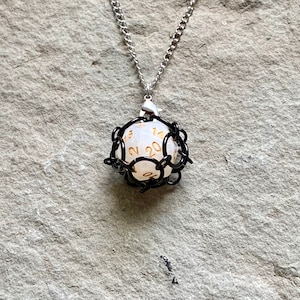 White and Clear Caged d20 Dice Pendants - Gamer Chainmail Pendant