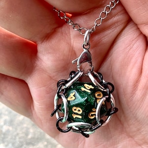 Green d20 Dice Cage Pendants - Gaming d20 Keychain