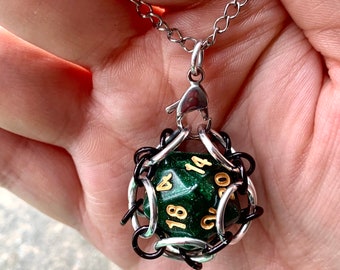 Green d20 Dice Cage Pendants - Gaming d20 Keychain