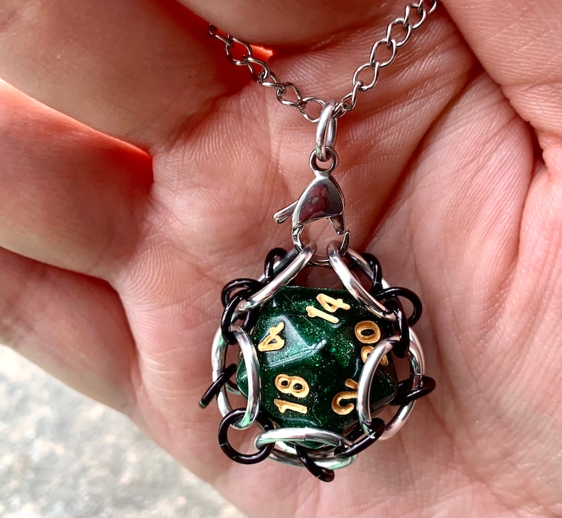 Green d20 Dice Cage Pendants Gaming d20 Keychain image 1
