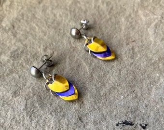 Intersex Pride Earrings - Yellow and Purple Scale Mail Earrings