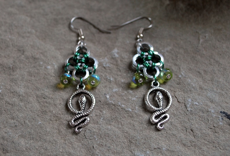 Green Snake Earrings Slytherin Earrings Czech Glass Jewelry Etsy