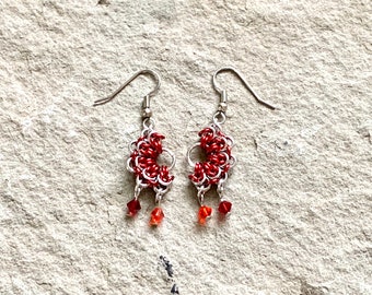 Red Fan Chainmail Earrings - Romantic Half Moon Earrings