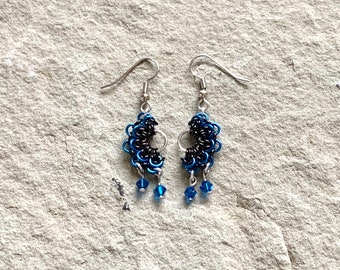 Blue Boho Fan Chainmail Earrings - Half Moon Dangle Earrings