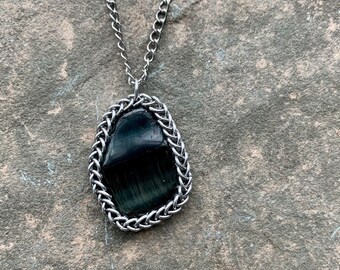 Blue Tiger’s Eye Healing Crystal Necklace - Chainmail Wrapped Crystal Pendant