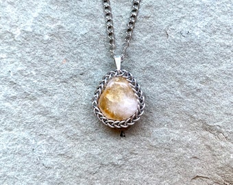 Citrine Healing Crystal Pendant - Wrapped Crystal Chainmail Pendant