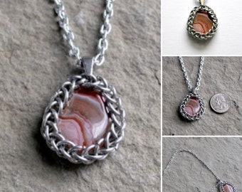 Botswana Agate Healing Crystal Pendant - Wrapped Crystal Chainmail Necklace