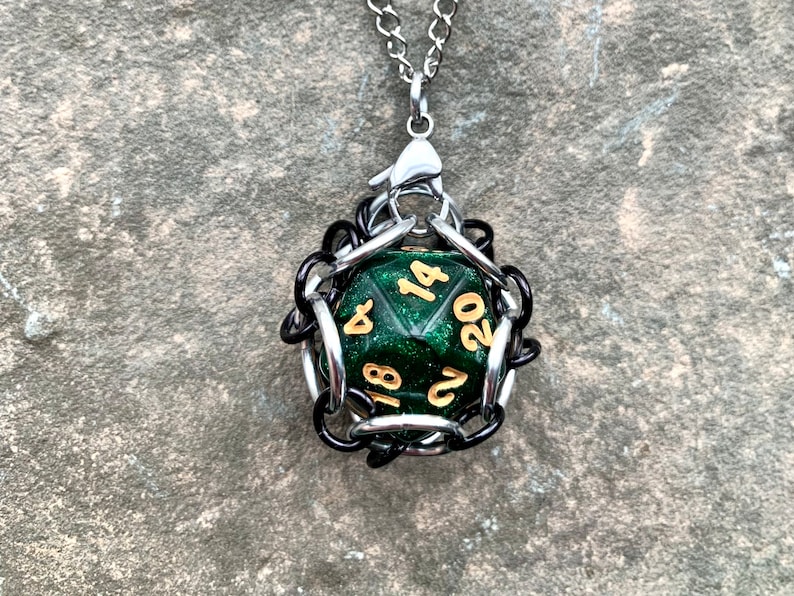 Green d20 Dice Cage Pendants Gaming d20 Keychain image 2