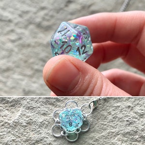 White and Clear Caged d20 Dice Pendants Gamer Chainmail Pendant Blue Purple Glitter