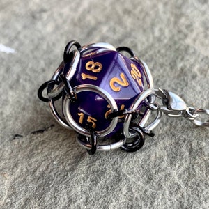 Purple Caged d20 Dice Pendants Gamer Chainmail Pendant image 3