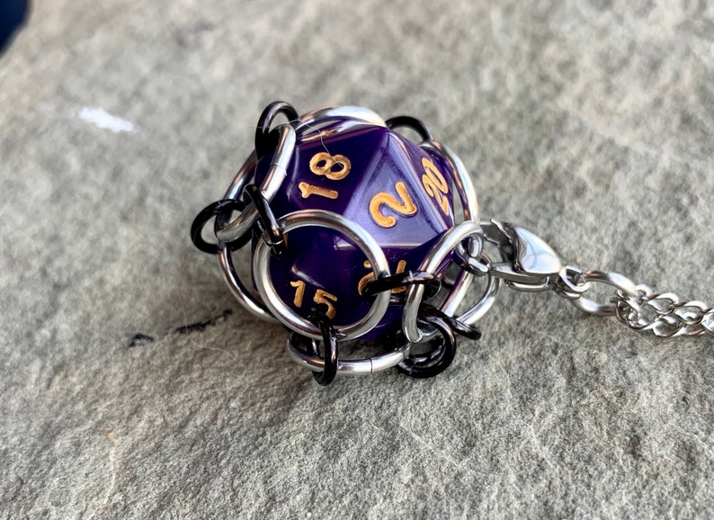 Purple Caged d20 Dice Pendants Gamer Chainmail Pendant image 3