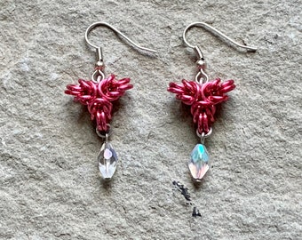 Pink Beaded Chainmail Earrings - Iridescent Dangle Earrings