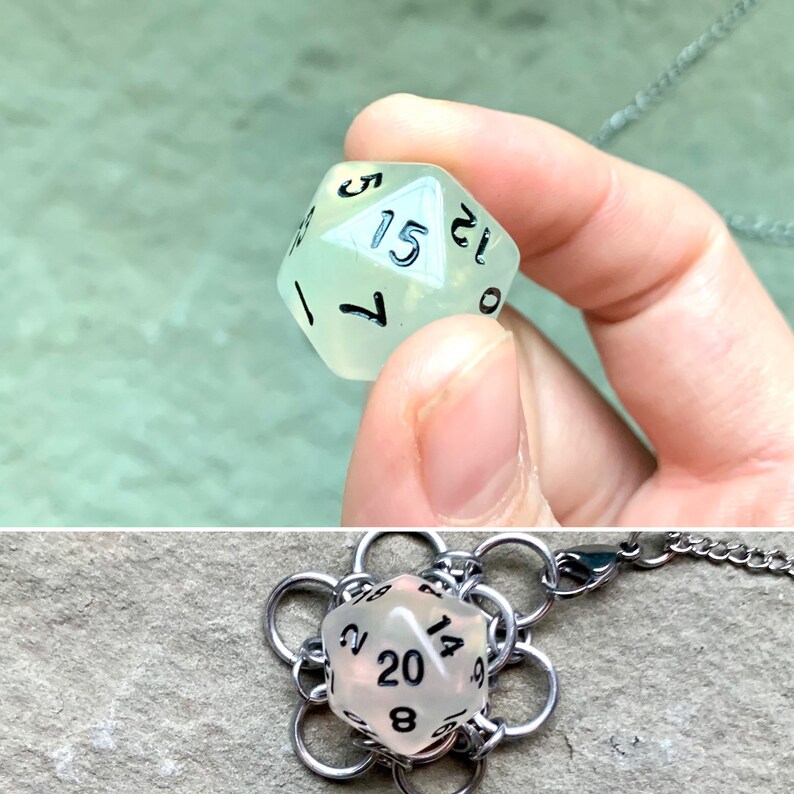 White and Clear Caged d20 Dice Pendants Gamer Chainmail Pendant Opal