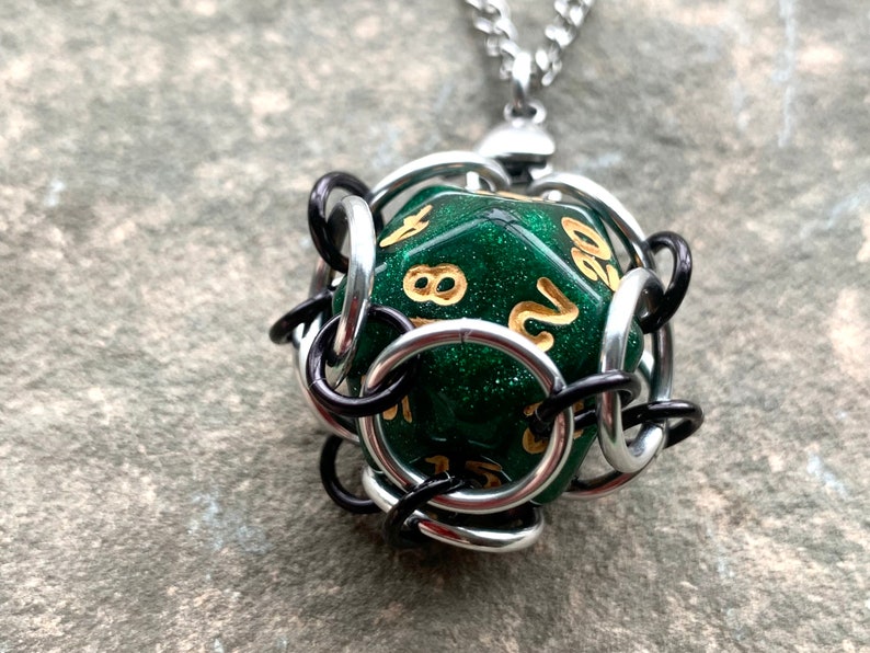 Green d20 Dice Cage Pendants Gaming d20 Keychain image 3