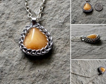 Yellow Quartz Healing Crystal Pendant - Wrapped Stone Chainmail Necklace