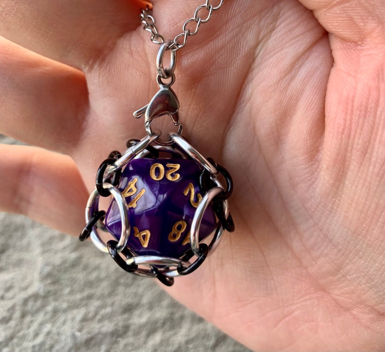 Purple Caged d20 Dice Pendants Gamer Chainmail Pendant image 1