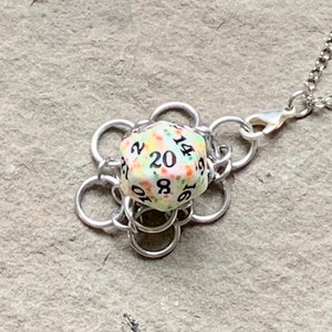 White and Clear Caged d20 Dice Pendants Gamer Chainmail Pendant Fruity Pebbles