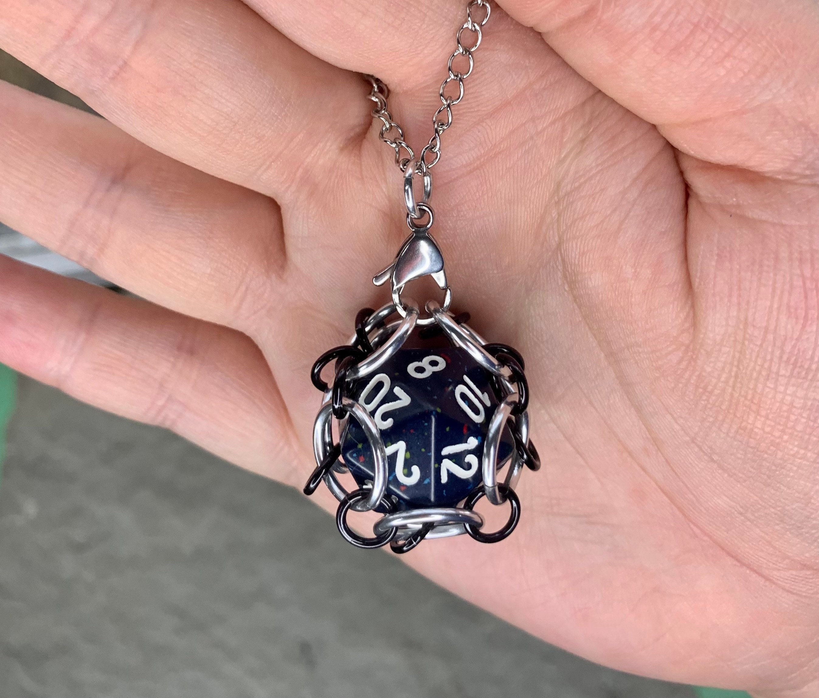 Black and Gray Caged D20 Dice Pendant Gaming D20 Keychain 