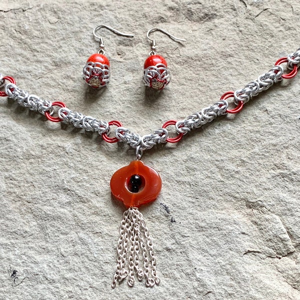 Red Chainmail Tassel Necklace - Red Agate Tassel Necklace and Earring Set